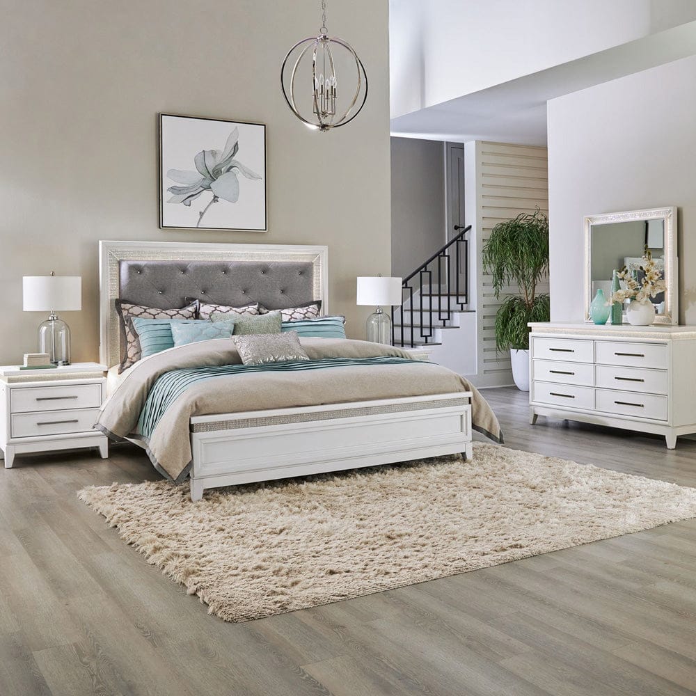 Liberty Furniture - Reflections - King Uph Bed, Dresser & Mirror, Night Stand in White - 781-BR-KUBDMN view 1