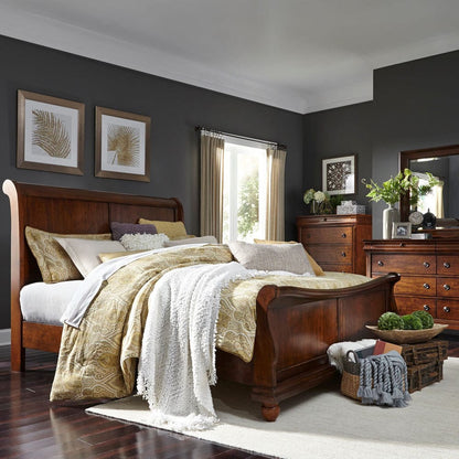 Liberty Furniture - Rustic Traditions - King California Sleigh Bed, Dresser & Mirror, Chest in Cherry - 589-BR-KCSDMC view 1