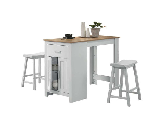 Lilola Home - Alonzo 47inW Oak and White Finish Small Space Counter Height Dining Table with Cabinet, Drawer, and 2 Ergonomic Counter Stools - 30501-SET veiw 1