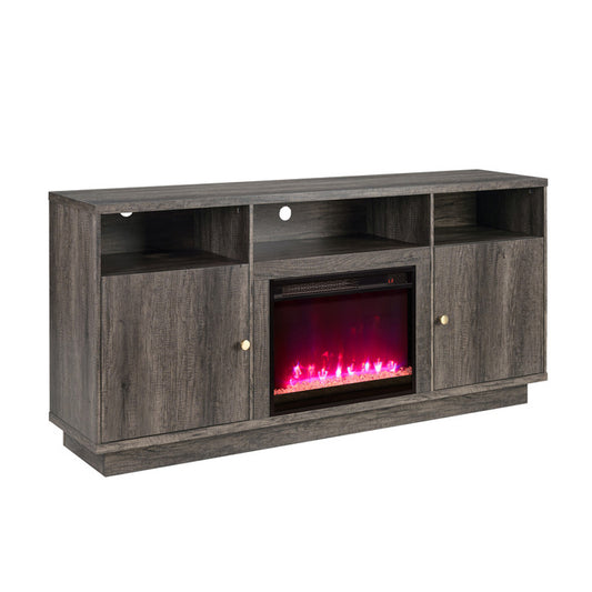 Lilola Home - Ambrose 70"W Gray Walnut Finish Fireplace TV Stand Console with Heater, LED Light, Cabinets, Shelves - 97041
