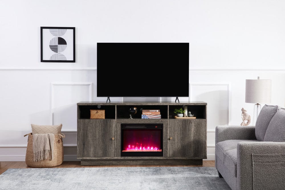 Lilola Home - Ambrose 70"W Gray Walnut Finish Fireplace TV Stand Console with Heater, LED Light, Cabinets, Shelves - 97041
