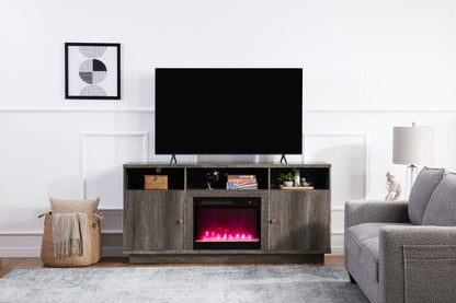 Lilola Home - Ambrose 70"W Gray Walnut Finish Fireplace TV Stand Console with Heater, LED Light, Cabinets, Shelves - 97041