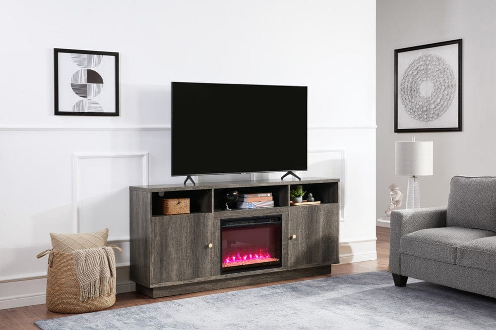 Lilola Home - Ambrose 70"W Gray Walnut Finish Fireplace TV Stand Console with Heater, LED Light, Cabinets, Shelves - 97041