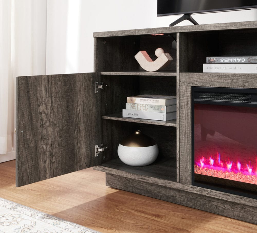 Lilola Home - Ambrose 70"W Gray Walnut Finish Fireplace TV Stand Console with Heater, LED Light, Cabinets, Shelves - 97041