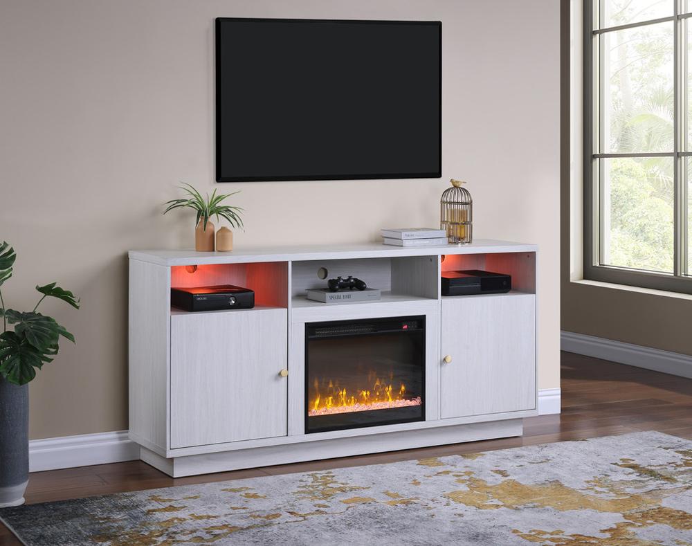 Lilola Home - Ambrose 70inW White Walnut Finish Fireplace Console TV Stand with LED Light, Cabinets, Shelves - 97037 veiw 3