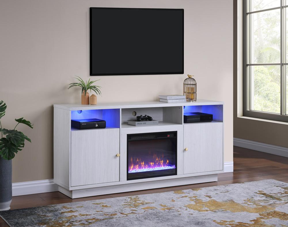 Lilola Home - Ambrose 70inW White Walnut Finish Fireplace Console TV Stand with LED Light, Cabinets, Shelves - 97037 veiw 4