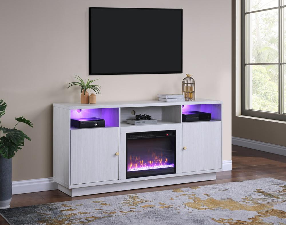 Lilola Home - Ambrose 70inW White Walnut Finish Fireplace Console TV Stand with LED Light, Cabinets, Shelves - 97037 veiw 5