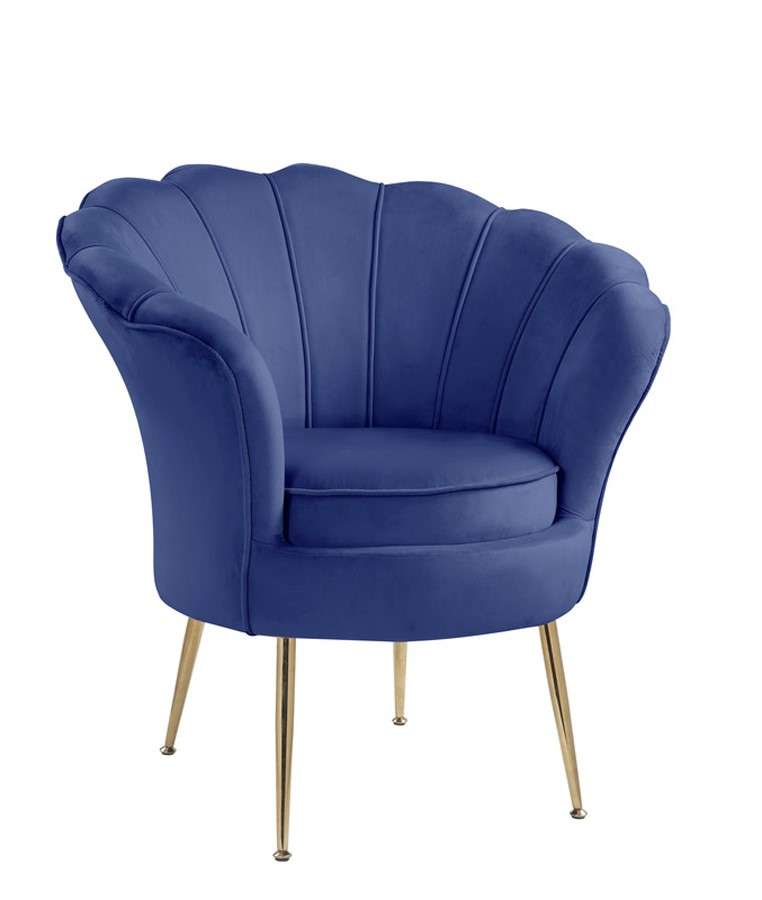 Lilola Home - Angelina Blue Velvet Scalloped Back Barrel Accent Chair with Metal Legs - 88880BE veiw 1