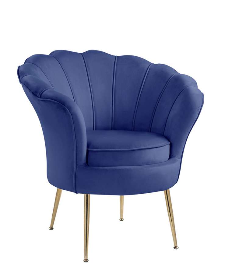 Lilola Home - Angelina Blue Velvet Scalloped Back Barrel Accent Chair with Metal Legs - 88880BE veiw 2