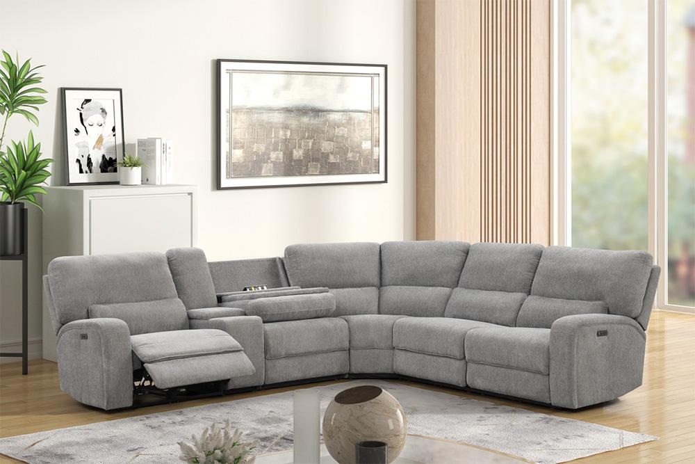 Lilola Home - Anthony 114in Wide Light Gray Chenille Fabric Power Reclining Sectional with Power Headrest, Charging Ports, Storage, and Cupholders-81610 veiw 4