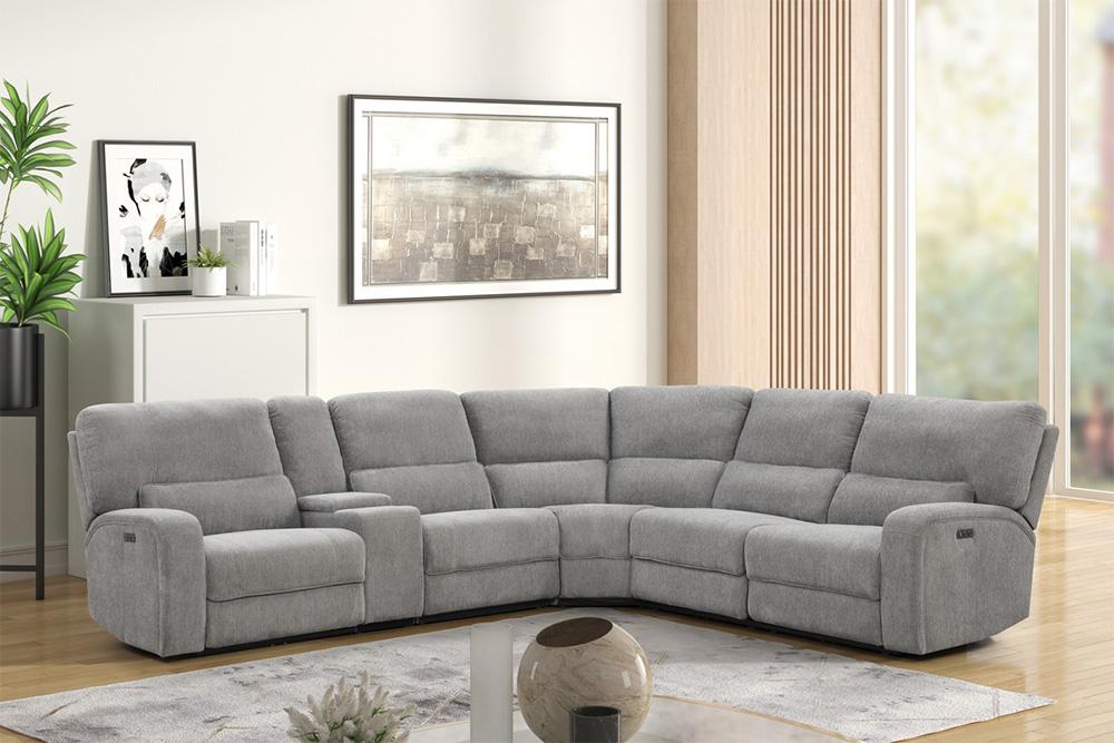 Lilola Home - Anthony 114in Wide Light Gray Chenille Fabric Power Reclining Sectional with Power Headrest, Charging Ports, Storage, and Cupholders-81610 veiw 5