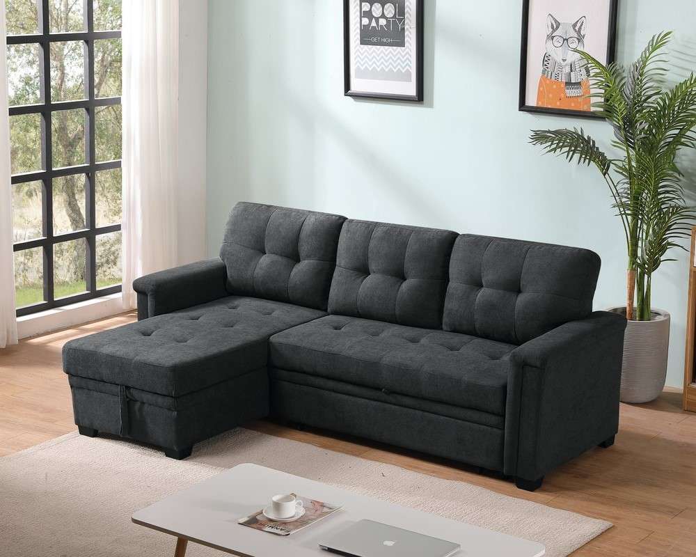 Lilola Home - Ashlyn Dark Gray Woven Fabric Sleeper Sectional Sofa Chaise with USB Charger and Tablet Pocket - 81384 veiw 2