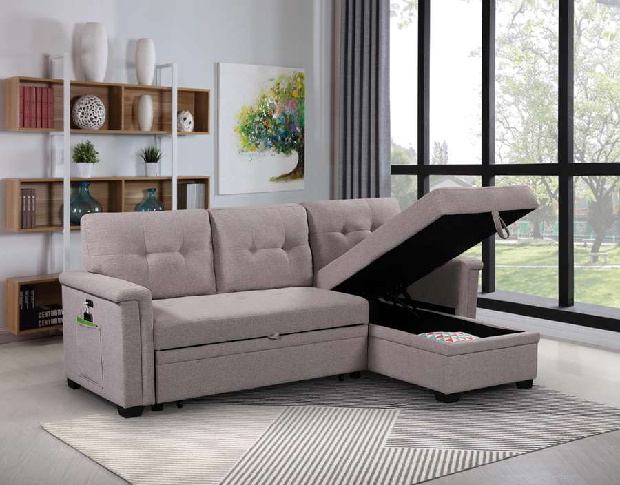 Lilola Home - Ashlyn Light Gray Reversible Sleeper Sectional Sofa with Storage Chaise, USB Charging Ports and Pocket - 81380 veiw 4