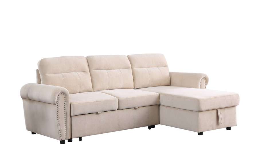 Lilola Home - Ashton Beige Velvet Fabric Reversible Sleeper Sectional Sofa Chaise - 87800BE veiw 1
