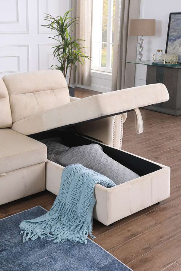 Lilola Home - Ashton Beige Velvet Fabric Reversible Sleeper Sectional Sofa Chaise - 87800BE veiw 3