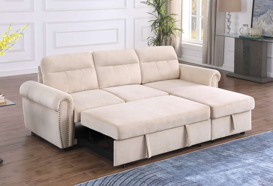 Lilola Home - Ashton Beige Velvet Fabric Reversible Sleeper Sectional Sofa Chaise - 87800BE veiw 4