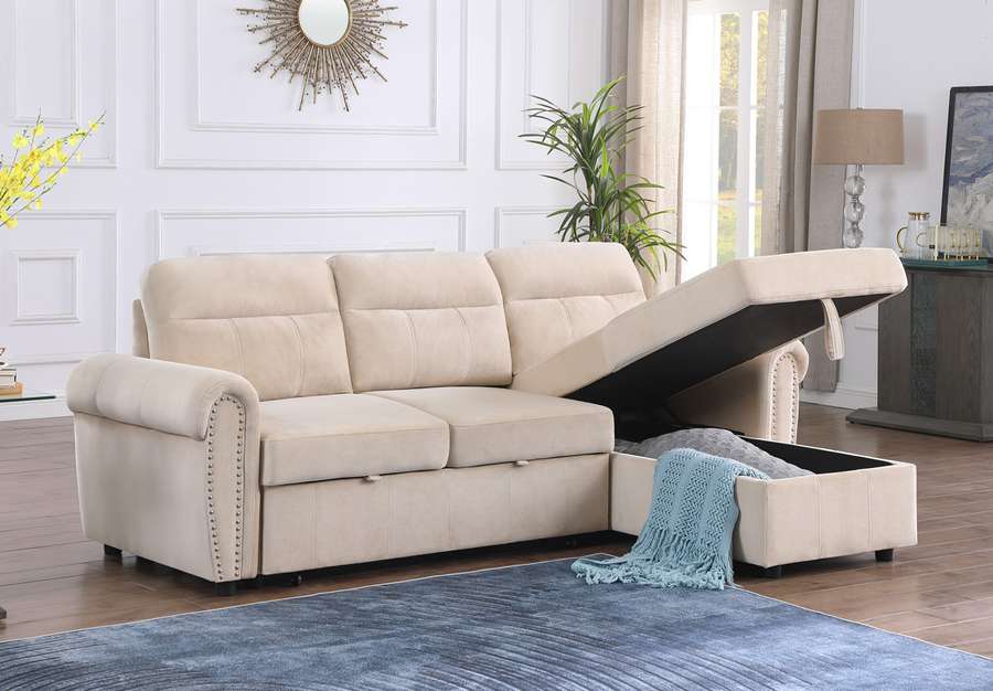Lilola Home - Ashton Beige Velvet Fabric Reversible Sleeper Sectional Sofa Chaise - 87800BE veiw 5