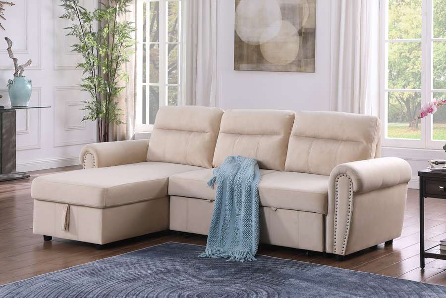 Lilola Home - Ashton Beige Velvet Fabric Reversible Sleeper Sectional Sofa Chaise - 87800BE veiw 6