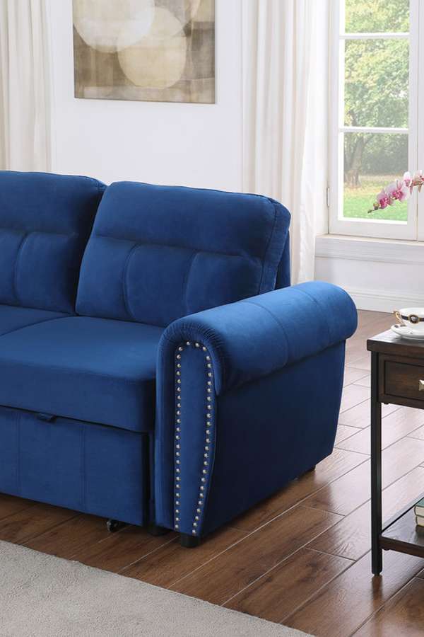Lilola Home - Ashton Blue Velvet Fabric Reversible Sleeper Sectional Sofa Chaise - 87800BU veiw 2