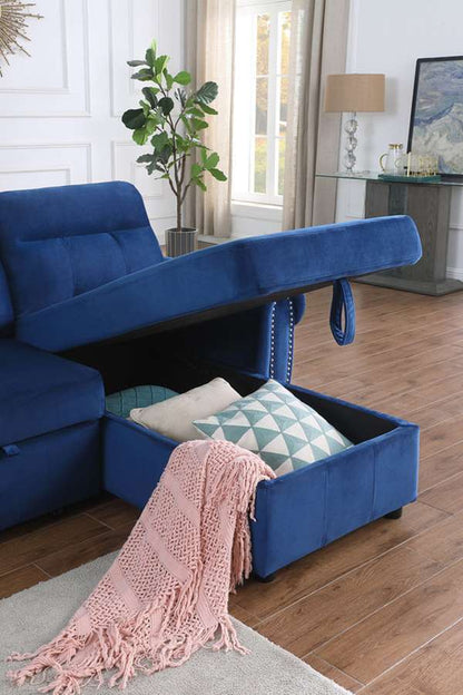 Lilola Home - Ashton Blue Velvet Fabric Reversible Sleeper Sectional Sofa Chaise - 87800BU veiw 3