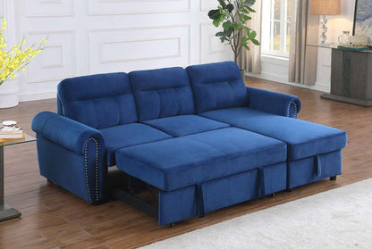 Lilola Home - Ashton Blue Velvet Fabric Reversible Sleeper Sectional Sofa Chaise - 87800BU veiw 4