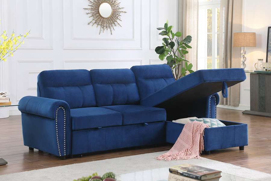 Lilola Home - Ashton Blue Velvet Fabric Reversible Sleeper Sectional Sofa Chaise - 87800BU veiw 5