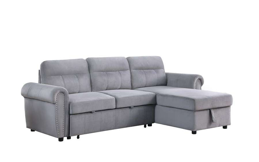 Lilola Home - Ashton Gray Velvet Fabric Reversible Sleeper Sectional Sofa Chaise - 87800GY veiw 1