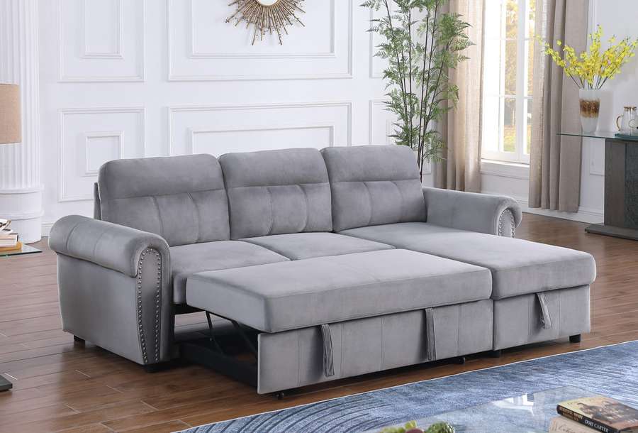 Lilola Home - Ashton Gray Velvet Fabric Reversible Sleeper Sectional Sofa Chaise - 87800GY veiw 4