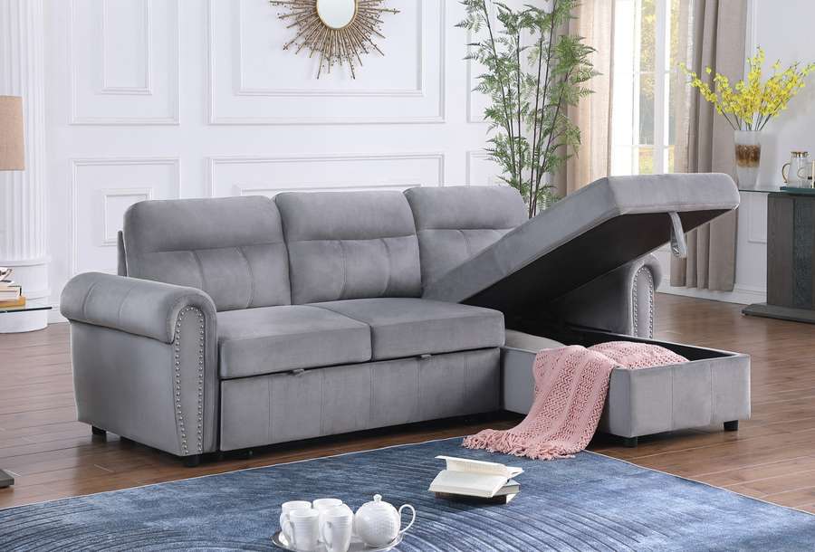 Lilola Home - Ashton Gray Velvet Fabric Reversible Sleeper Sectional Sofa Chaise - 87800GY veiw 5