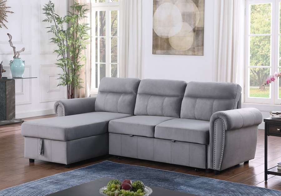 Lilola Home - Ashton Gray Velvet Fabric Reversible Sleeper Sectional Sofa Chaise - 87800GY veiw 6