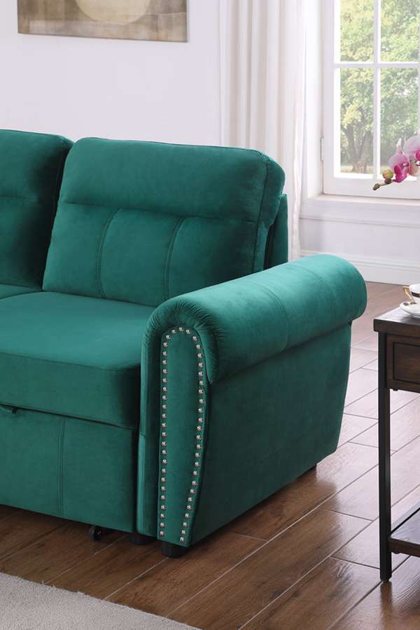 Lilola Home - Ashton Green Velvet Fabric Reversible Sleeper Sectional Sofa Chaise - 87800GN veiw 2