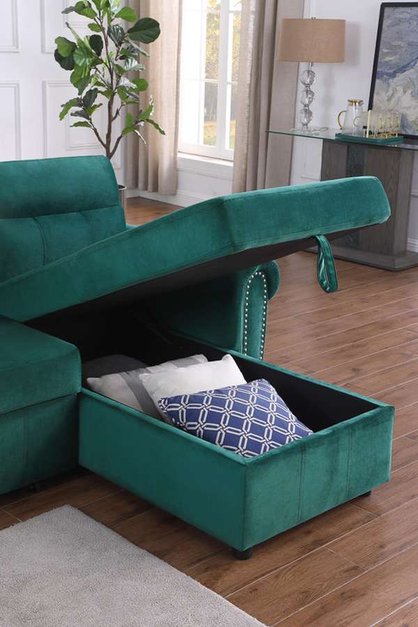 Lilola Home - Ashton Green Velvet Fabric Reversible Sleeper Sectional Sofa Chaise - 87800GN veiw 3