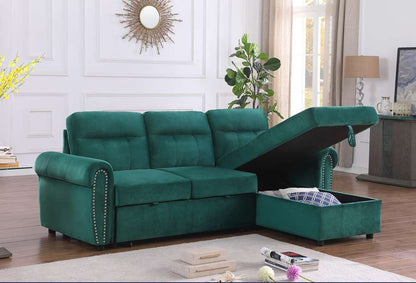 Lilola Home - Ashton Green Velvet Fabric Reversible Sleeper Sectional Sofa Chaise - 87800GN veiw 5