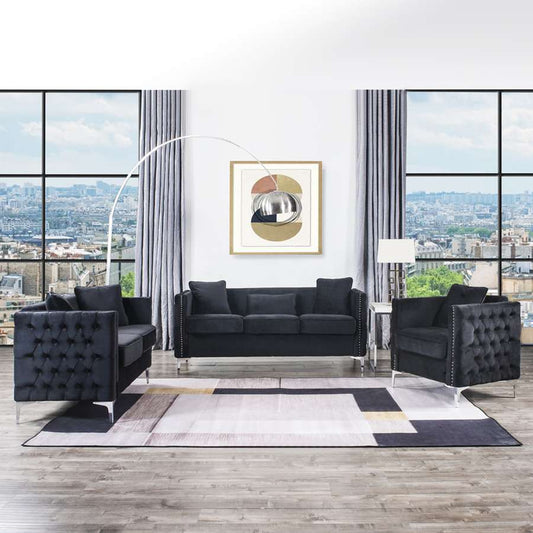 Lilola Home - Bayberry Black Velvet Sofa Loveseat Chair Living Room Set - 89634 veiw 2