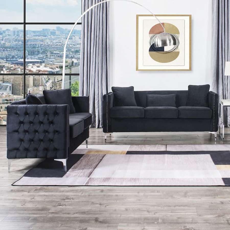 Lilola Home - Bayberry Black Velvet Sofa Loveseat Living Room Set - 89634-SL veiw 2