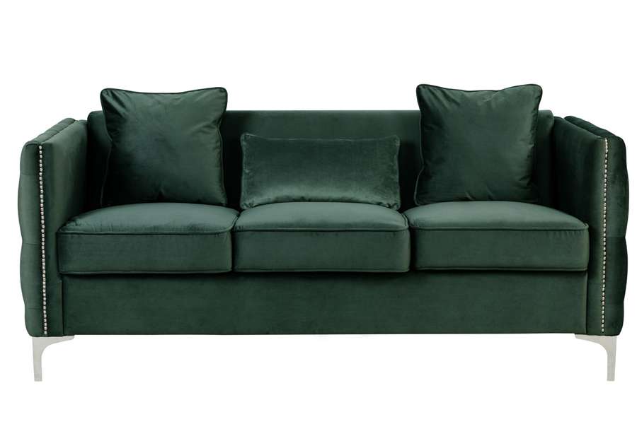 Lilola Home - Bayberry Green Velvet Sofa with 3 Pillows - 89634GN-S veiw 3