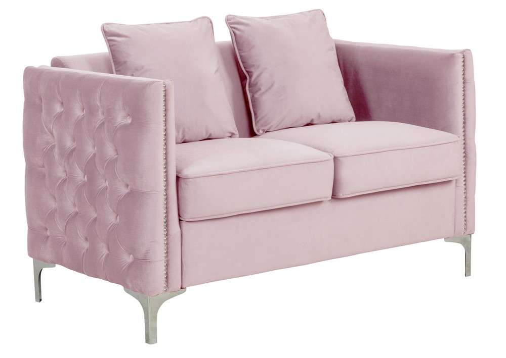 Lilola Home - Bayberry Pink Velvet Loveseat with 2 Pillows - 89634PK-L veiw 1
