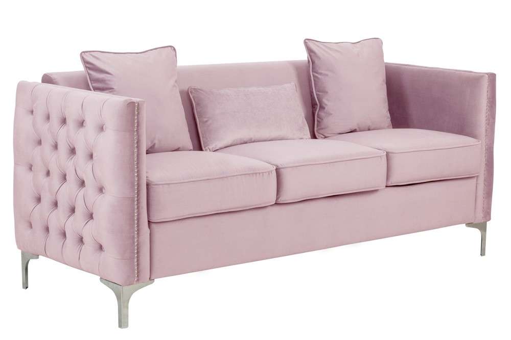 Lilola Home - Bayberry Pink Velvet Sofa with 3 Pillows - 89634PK-S veiw 1