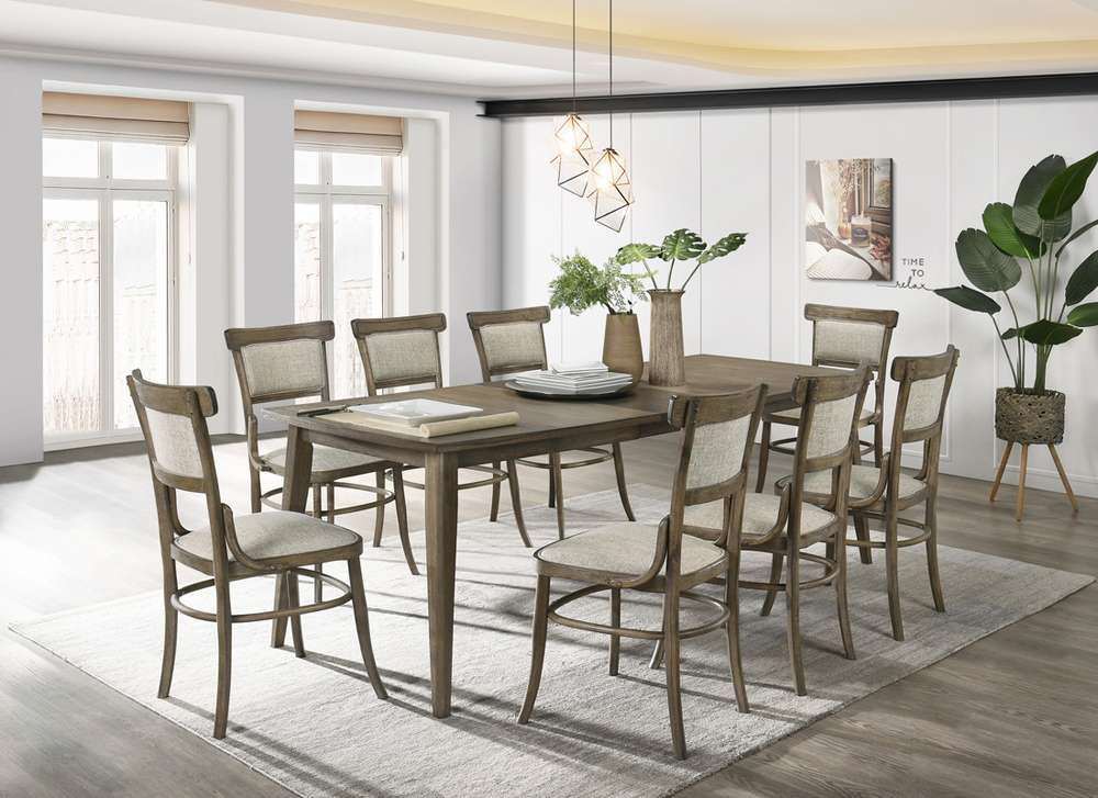 Lilola Home Bistro Vintage Walnut 9 Piece Dining Table with Extension Leaf and Off White Fabric Dining Chairs - 30002-3 veiw 1