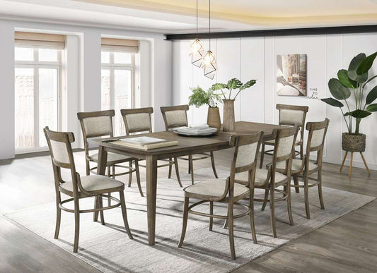 Lilola Home Bistro Vintage Walnut 9 Piece Dining Table with Extension Leaf and Off White Fabric Dining Chairs - 30002-3 veiw 1