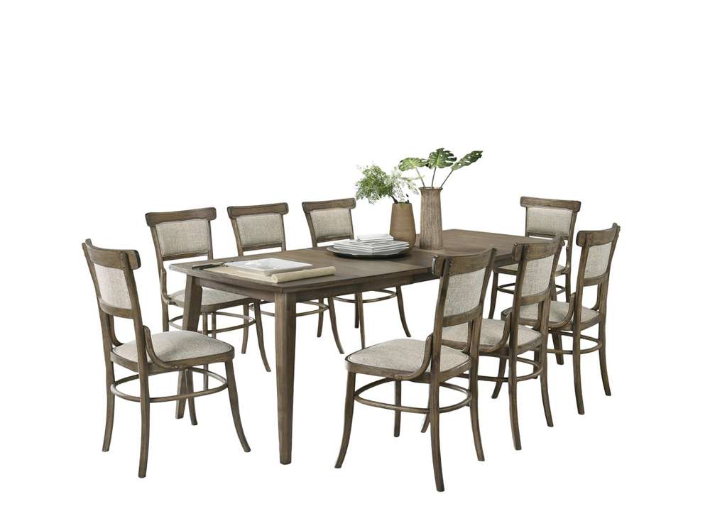 Lilola Home Bistro Vintage Walnut 9 Piece Dining Table with Extension Leaf and Off White Fabric Dining Chairs - 30002-3 veiw 2
