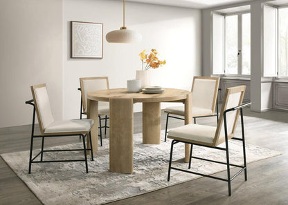 Lilola Home - Bowen Oak Finish 47inW Round Dining Table Set with Cream Color Upholstered Chairs-30037-SET veiw 1