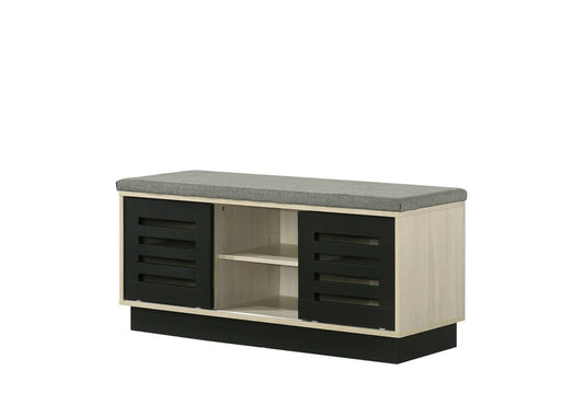 Lilola Home - Brett 38.5inW Oak Finish Shoe Cabinet with Sliding Doors, Upholstered Top-97020 veiw 1