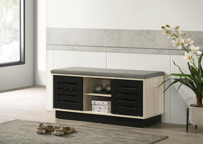 Lilola Home - Brett 38.5inW Oak Finish Shoe Cabinet with Sliding Doors, Upholstered Top-97020 veiw 5
