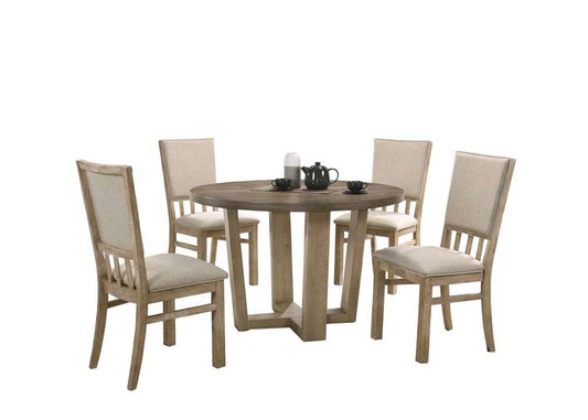 Lilola Home Brutus Vintage Walnut 5 Piece 47in Wide Contemporary Round Dining Table Set with Wheat Colored Fabric Chairs - 30000-1 veiw 2