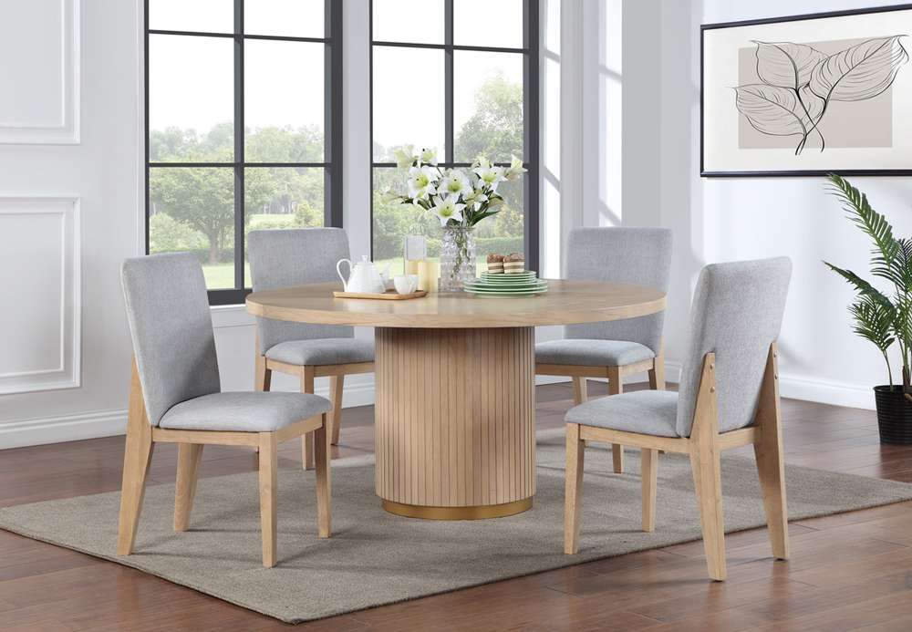 Lilola Home - Caspian 5 Piece 59in Round Oak Finish Dining Table Set with Gray Chairs - 30030-SET veiw 1