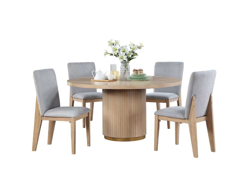Lilola Home - Caspian 5 Piece 59in Round Oak Finish Dining Table Set with Gray Chairs - 30030-SET veiw 2