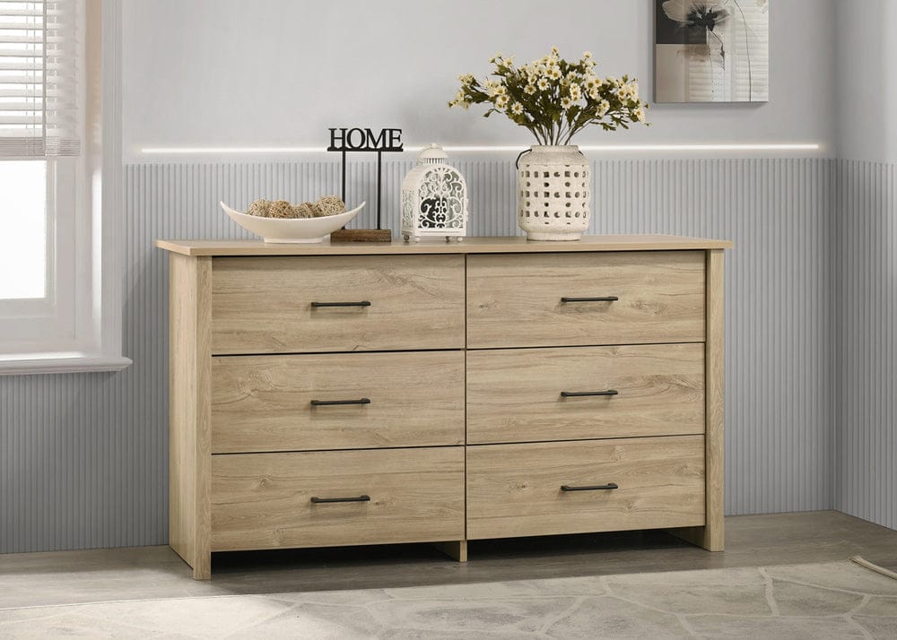 Lilola Home - Celeste 57"W Light Oak Finish 6-Drawer Dresser with Black Handles - 58904DR view 1