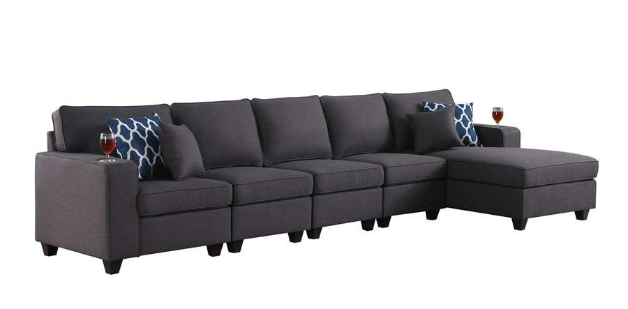 Lilola Home - Cooper Dark Gray Linen 5Pc Sectional Sofa Chaise with Cupholder - 89132-9 veiw 1