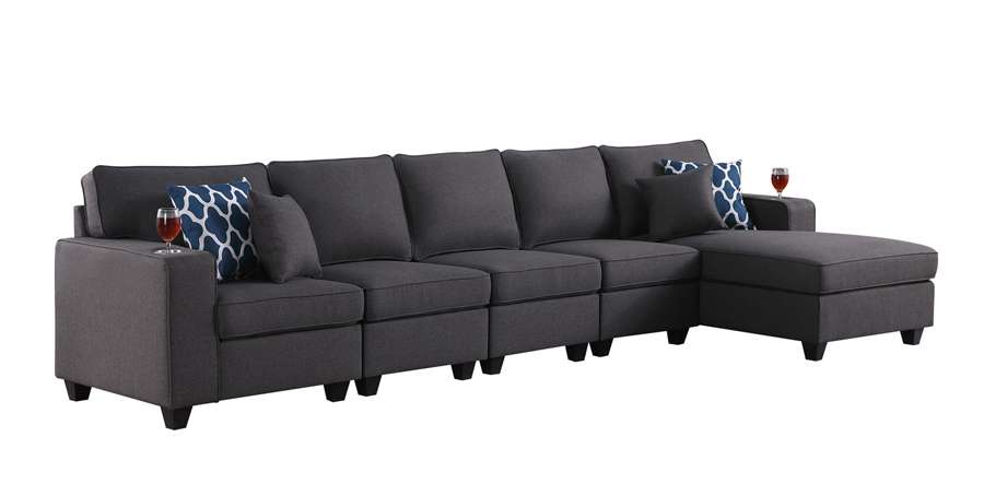 Lilola Home - Cooper Dark Gray Linen 5Pc Sectional Sofa Chaise with Cupholder - 89132-9 veiw 2